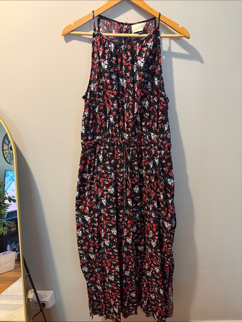 Universal Black Floral Maxi Dress with Red and White Accents